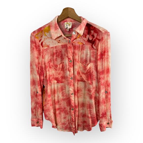 Fig & Flower Anthropologie Womens size Small Boho Coral Crinkle Floral Top - Picture 1 of 10